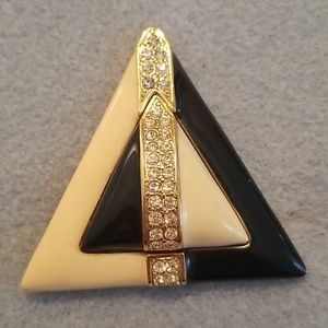 Craft Brooch Pin Triangle Black and Tan Cream Gold